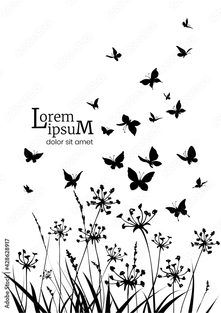 Floral background with herbs, flowers and butterflies. Spring or summer background. Floral background with herbs, flowers and butterflies. Spring or summer background.