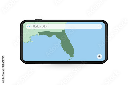 Searching map of Florida in Smartphone map application. Map of Florida in Cell Phone.