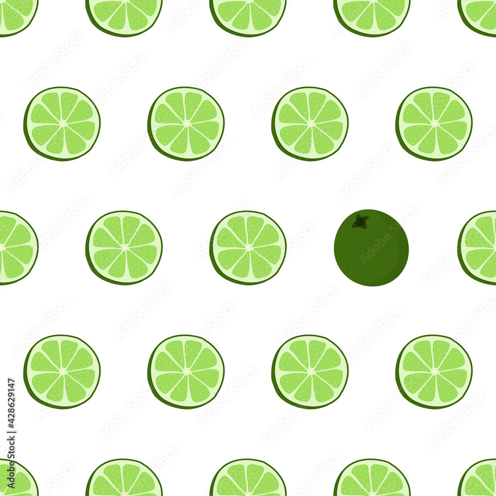 Hand drawn seamless pattern with circle sliced lime. Surface design. Fabric print texture with eye catching element - whole lime