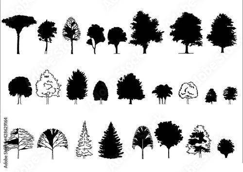 Silhouettes of  different trees and bushes.
