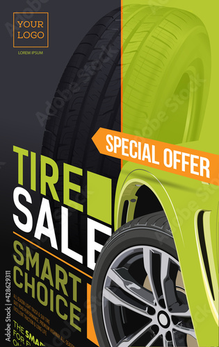 Tire. Sale brochure. Tire car advertisement banner. Information. Store. Action. Landscape poster.