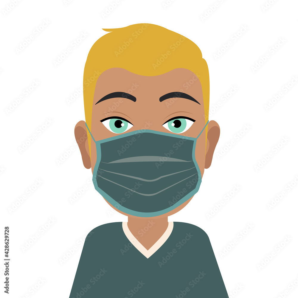 Avatar of a modern man in a medical protective mask. A young guy in trendy colors. Coronavirus virus in the world. 