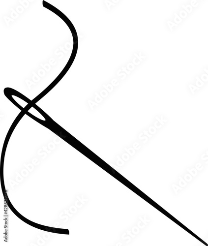 Vector illustration of the black silhouette of a sewing needle and thread