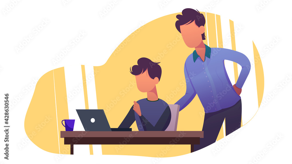 Fototapeta premium Two boy student working on an Assignment on laptop. Boy sitting and boy standing position. Flat graphic and flat character.
