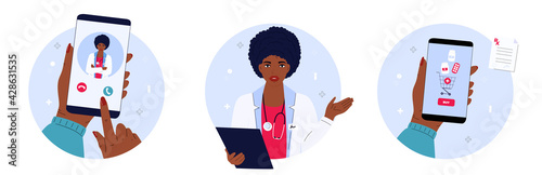 The patient makes a video call to the doctor. African American medical worker with a stethoscope. Online pharmacy. Female hand holds smartphone to buy pills. Mobile service for purchasing medicines