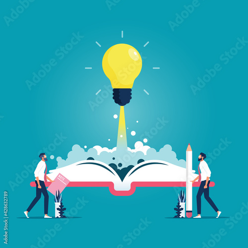 Power of knowledge sign-Education and Learning concept, Open book with rocket shining bulb flying out, Idea, inspiration, Power of knowledge sign