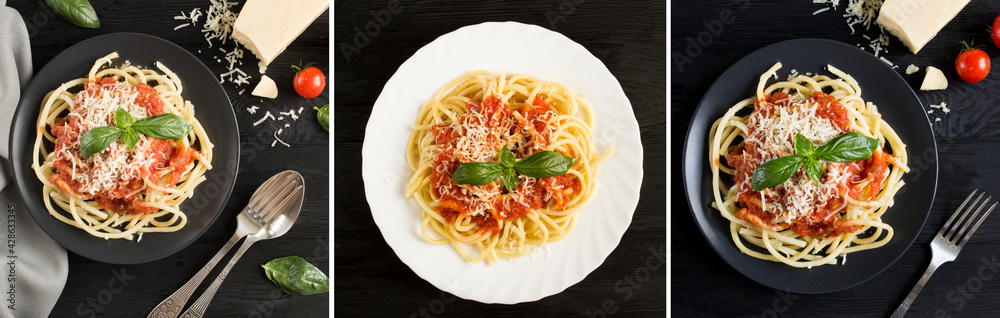 Collage of italian food. Italian pasta with tomato sauce and parmesan on the black wooden background. Top view.