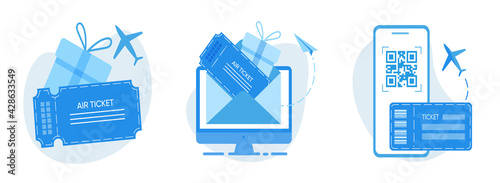 Concept of a plane ticket online. On your smartphone and computer. Icons for websites and applications with travel agencies. In blue tones