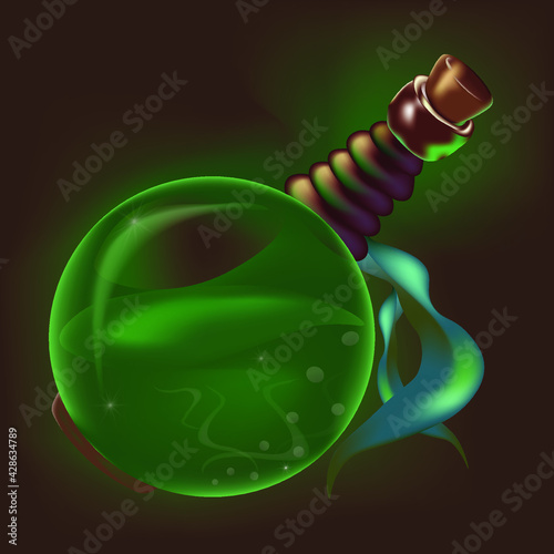 Fantastic game activation potion, elixir or poison icon magic bottle with green liquid.