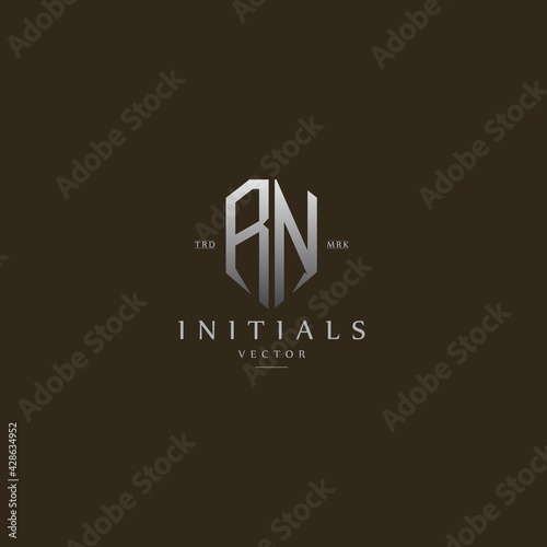 classy RN vintage metal monogram logo. elegant silver initials icon premium vector design template
