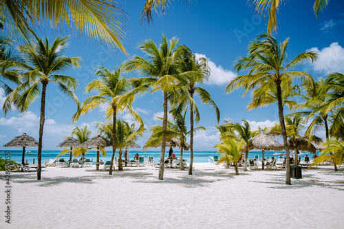 Fototapeta Naklejka Na Ścianę i Meble -  Palm Beach Aruba Caribbean, white long sandy beach with palm trees at Aruba Antilles