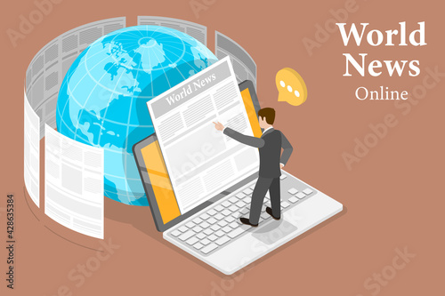 3D Isometric Flat Vector Conceptual Illustration of Online Latest News.