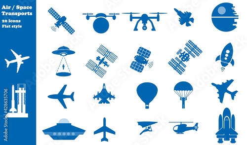 Transports aériens et spatiales en 20 icônes bleues, collection
