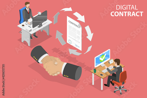 3D Isometric Flat Vector Conceptual Illustration of Smart Contract.