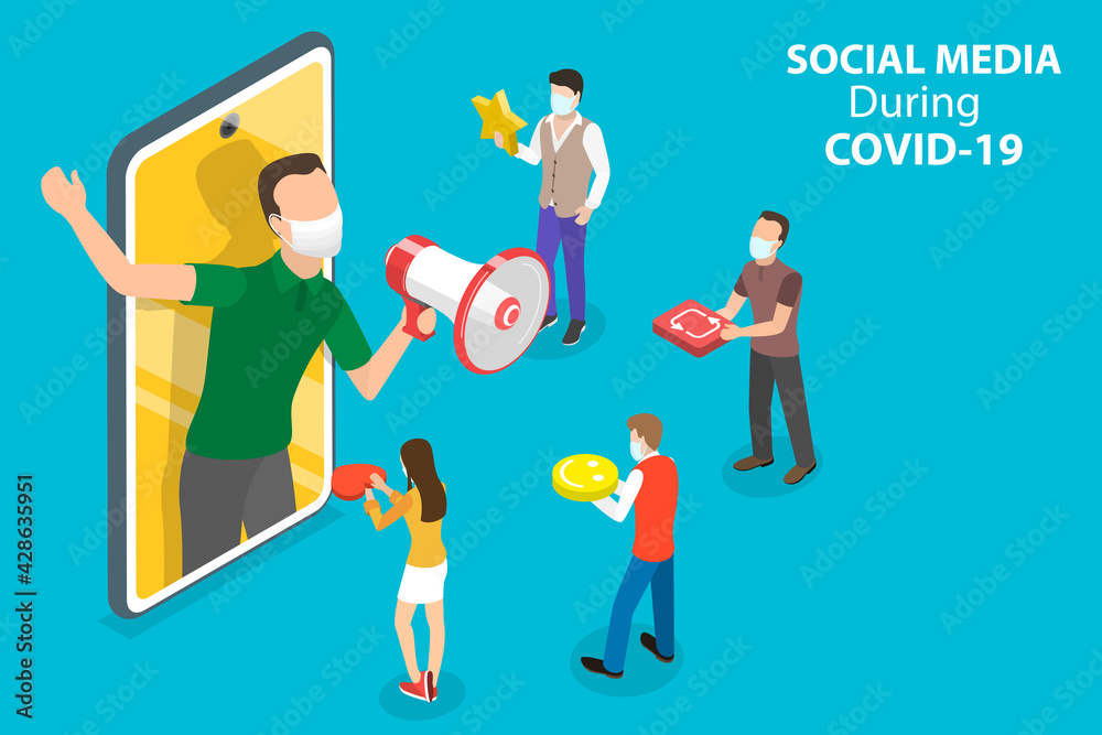 3D Isometric Flat Vector Conceptual Illustration of Social Media Acivities during Covid-19.