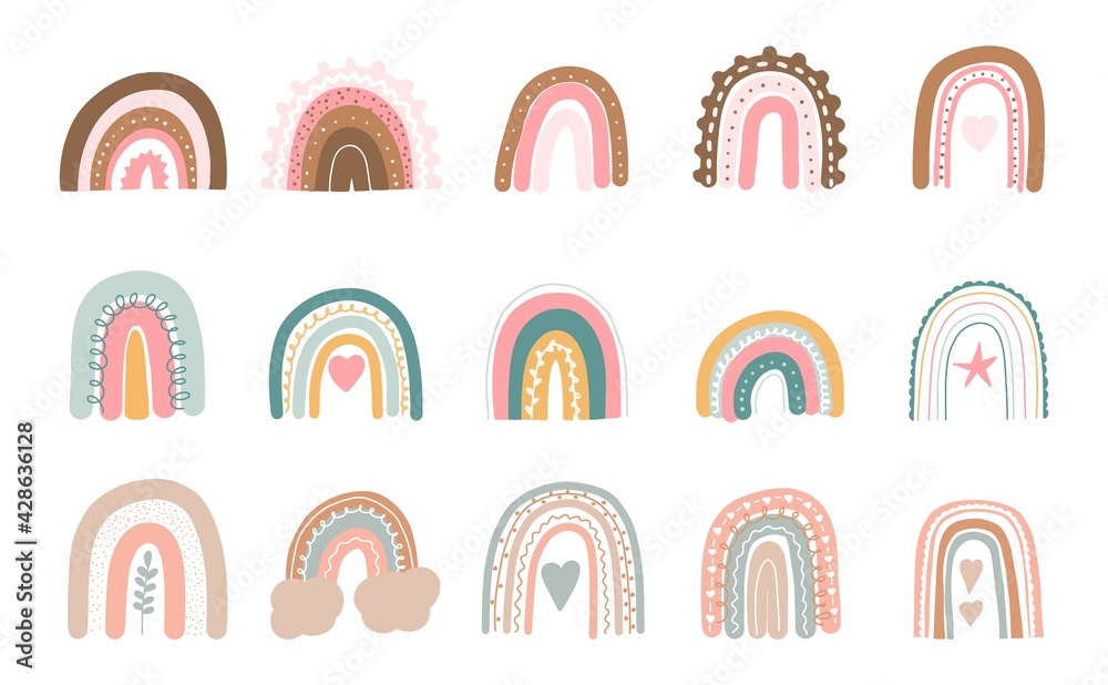 Pastel boho rainbow. Cute hand drawn modern stickers for nursery. Childish colorful clipart Pastel boho rainbow. Cute hand drawn modern stickers for nursery. Childish colorful clipart