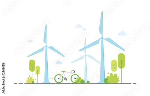 Eco-friendly nature with windmills and bike. Green zone. Flat design