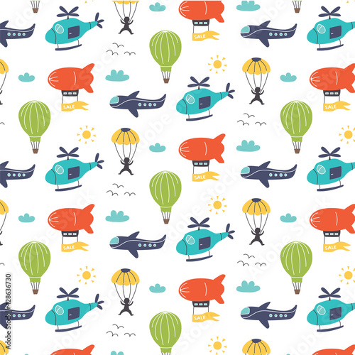 Pattern with air transport dirigible, helicopter, plane, parachutist. Nursery digital paper, vector hand drawn illustration