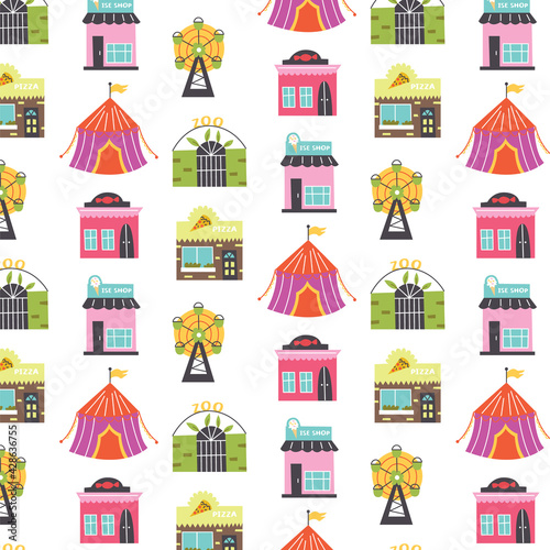 Pattern with buildings ferris wheel, circus, candy store, ice cream store, pizzeria. Nursery digital paper, vector hand drawn illustration