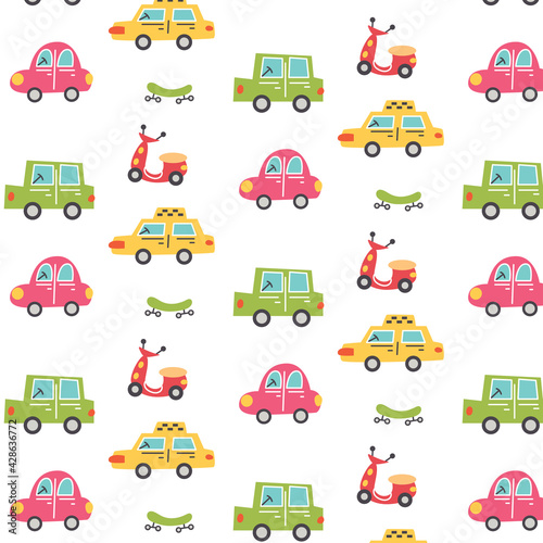 Pattern with city cars  cab  scooter and skateboard. Nursery digital paper  vector hand drawn illustration