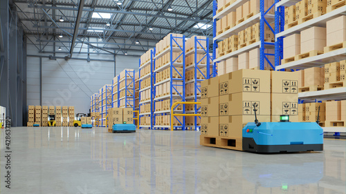 Robots efficiently sorting hundreds of parcels per hour,pallet lifter AGV. photo