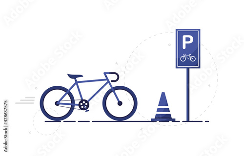 Bicycle Parking illustration. Bike park sign. P road sign. Correctly labeled bicycle parking spot for pedestrians. Parking space. Flat design. Blue. Eps 10