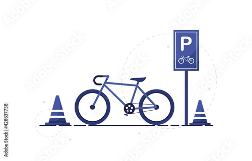 Bicycle Parking illustration. Bike park sign. P road sign. Correctly labeled bicycle parking spot for pedestrians. Parking space. Flat design. Blue. Eps 10