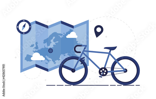 Traveling around Europe by bicycle. Map and bike. Economical and ecological travel. Flat design. Blue. Eps 10