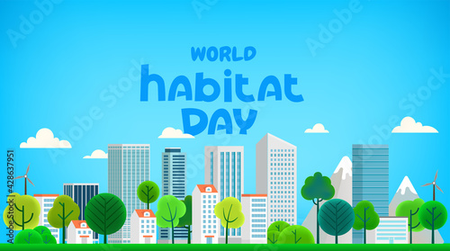 World habitat day greeting card. Cartoon style 3d illustration