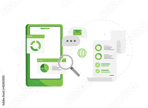 Vector illustration of a phone with a sales analytics application. Analysis of the survey. Details of transactions. Business icon. Mobile app. Green. Eps 10