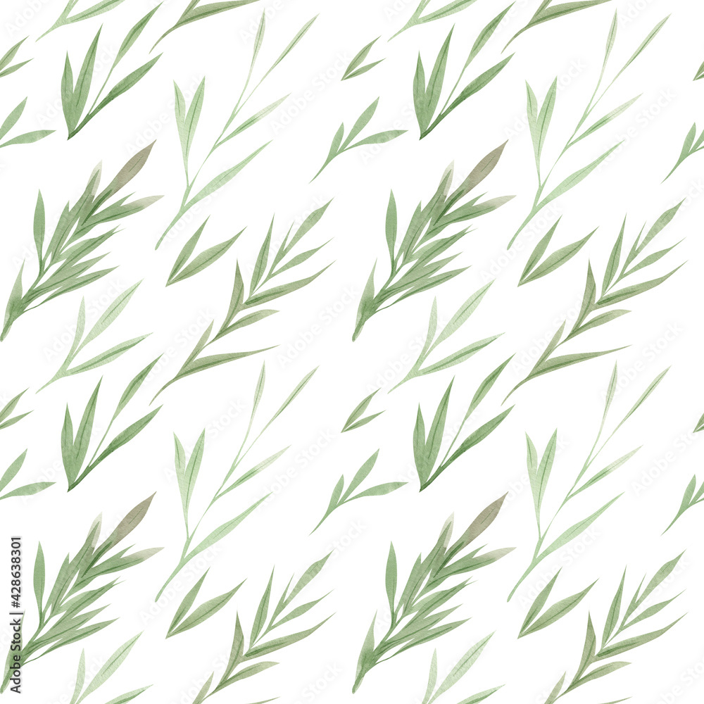 Fototapeta premium Watercolor greenery leaves seamless pattern. Summer floral plant watercolor background. Green plant. Hand drawn botanical natural illustration. Watercolor leaf backdrop art design.