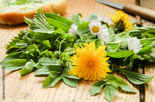 Wildkräuter essbare Blüten Blätter Salat Wildkräutersalat sammeln  photo