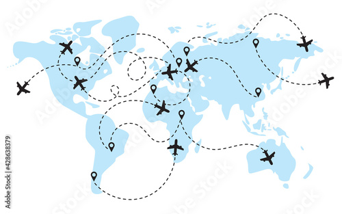World map with flight routes airplanes. Infographic