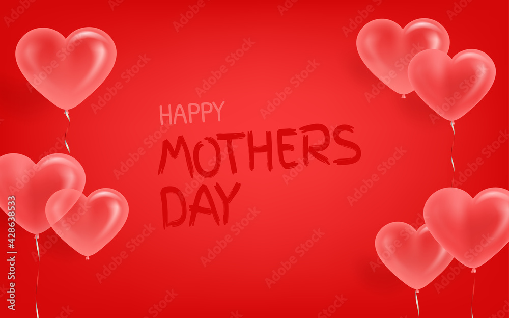 Banner with air balloons on red wall. Happy mothers day