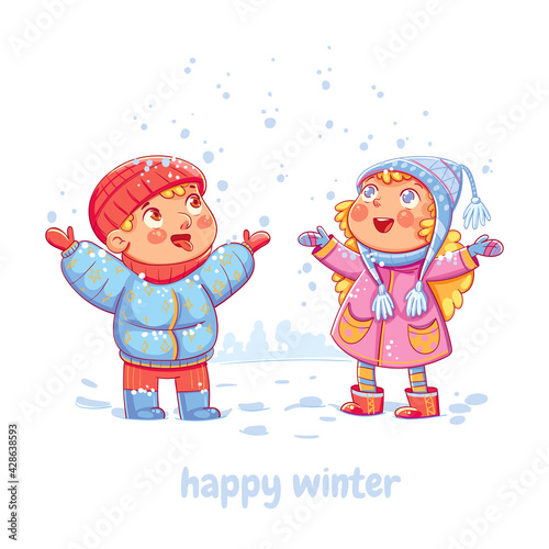 Snowfall. Сhildren enjoy the snow. Wintertime
