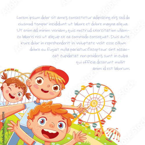Children make selfie at an amusement park. Ferris wheel on the background