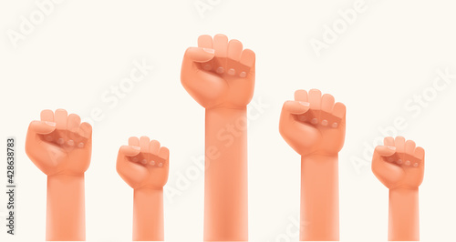 Men fists up in the air. Strike or human power concept