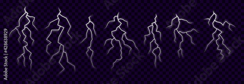 White lightning set. Vector elements for thunderstorm design on transparent background.