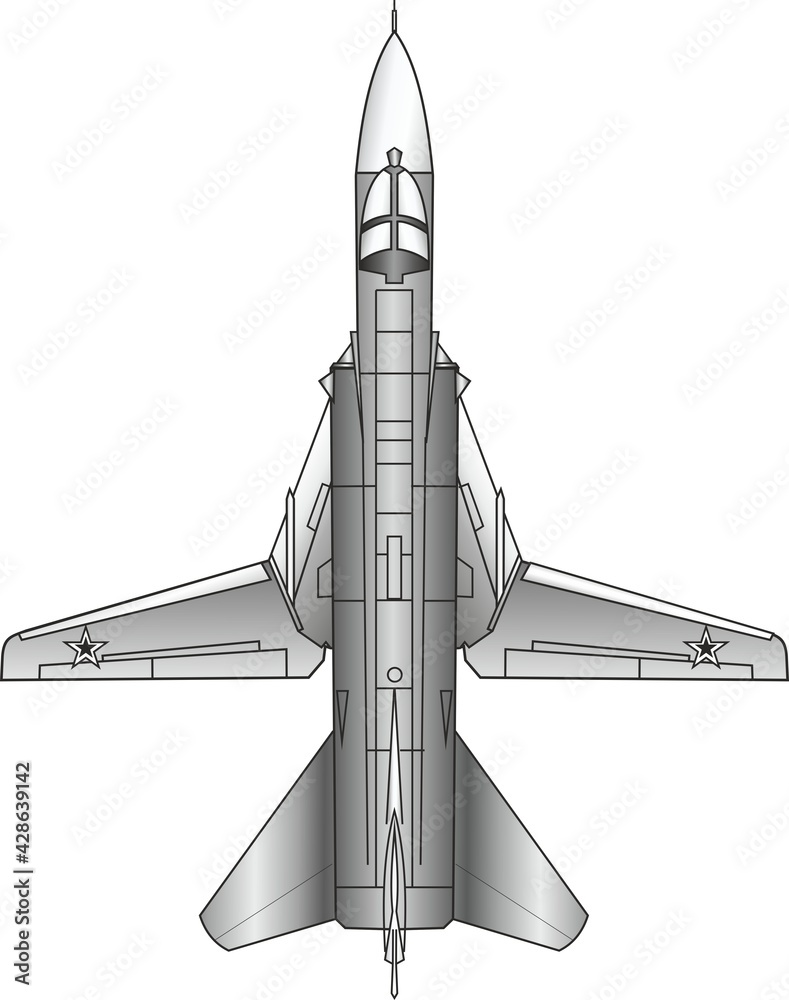 Soviet and Russian tactical front-line bomber with a variable sweep wing, designed for missile and bomb attacks. Vector image. Soviet and Russian tactical front-line bomber with a variable sweep wing, designed for missile and bomb attacks. Vector image.