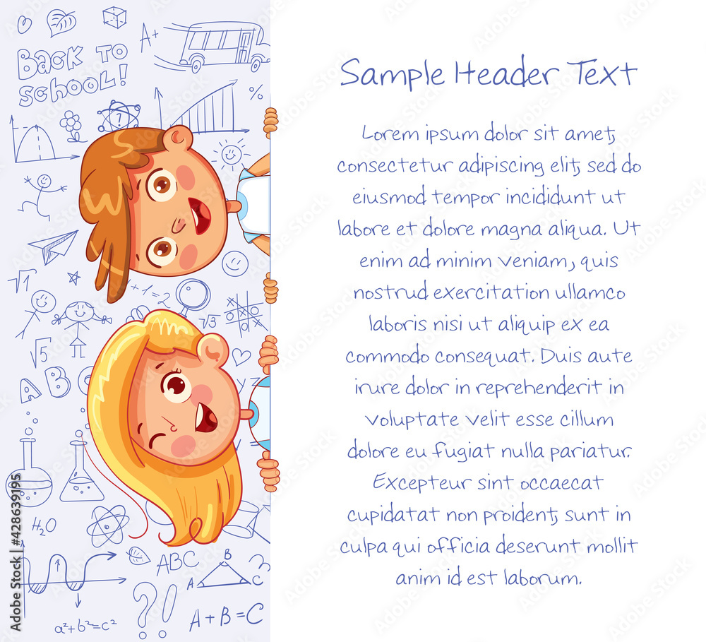 Fototapeta premium Schoolchild are holding banner on background of children's drawings