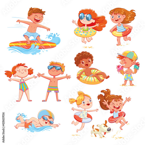 Sticker Set of summer scenes with children. Vacation at sea