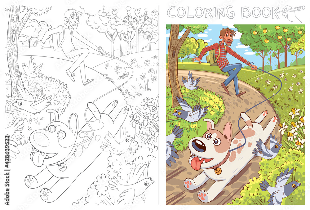 Obraz premium Dog pulls the leash with its owner. Coloring book
