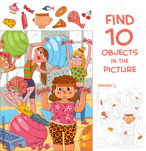Find 10 objects in the picture. Group of girls are engaged in fitness