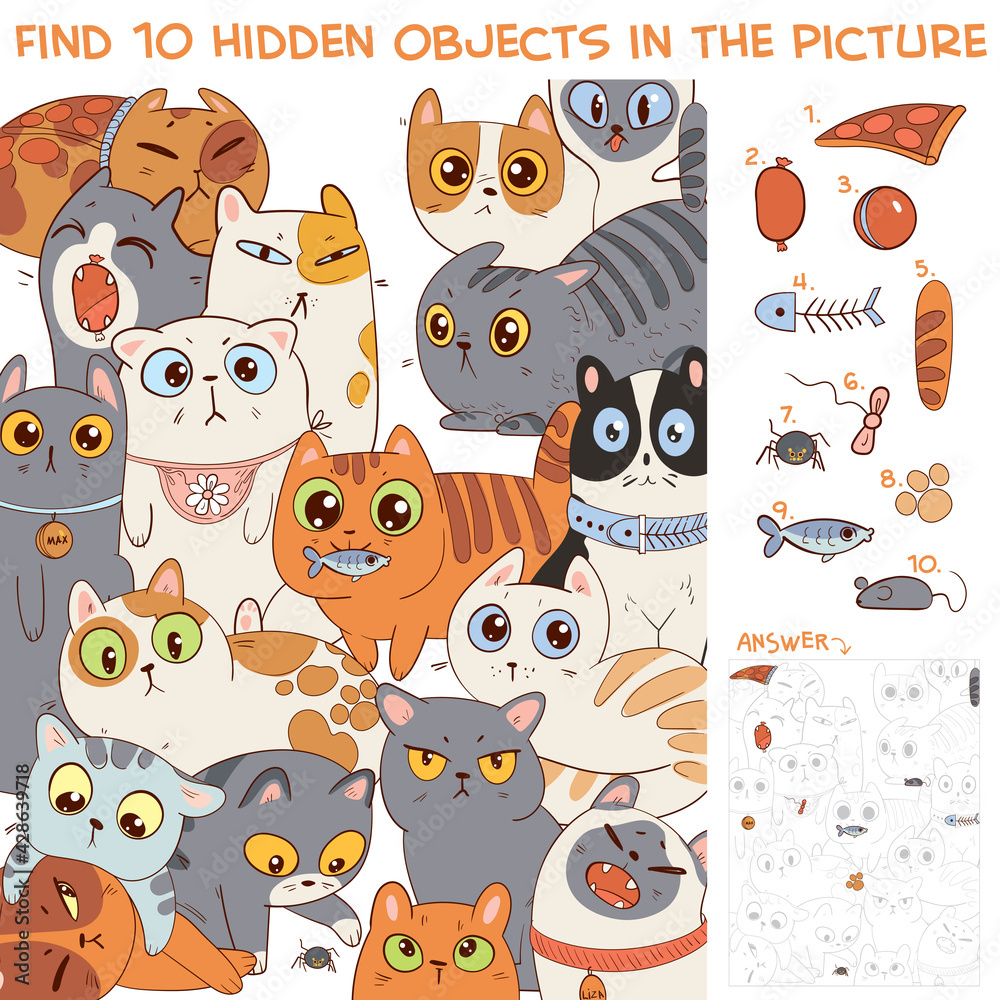 Find 10 hidden objects in the picture. Group of different cats Stock ...