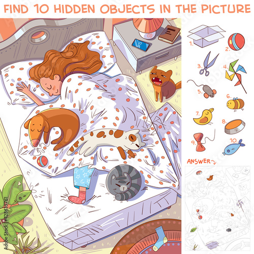 Girl sleeping with their pets in bed. Find hidden objects
