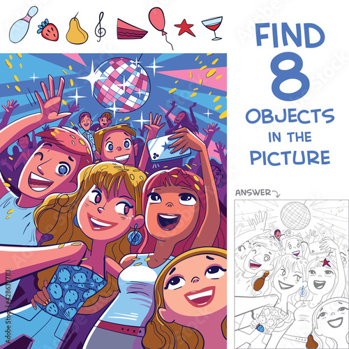 Find 8 objects in the picture. Young people take a selfie at a disco party