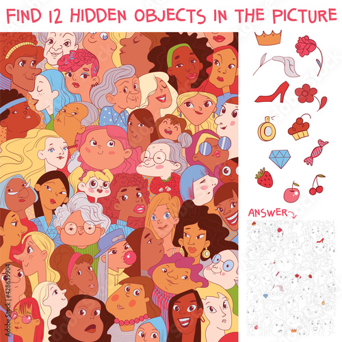 Variety women. Diverse female faces. International women's day. Find 12 hidden objects