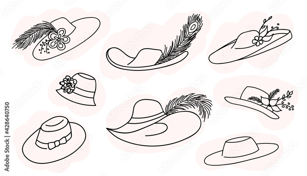 Set of elegant woman's hat isolated on white background. Headgear vector illustration for woman, girl or ladies. Summer classic hat with a feather. Single icon. Fashion outline sketch. Doodle style.