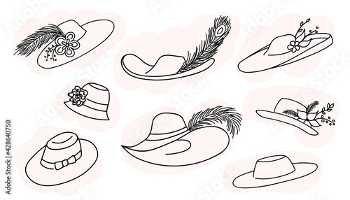 Set of elegant woman's hat isolated on white background. Headgear vector illustration for woman, girl or ladies. Summer classic hat with a feather. Single icon. Fashion outline sketch. Doodle style.