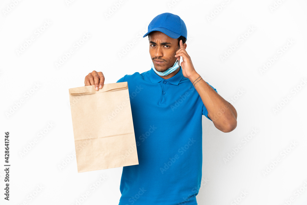 African American man taking a bag of takeaway food isolated on white background thinking an idea